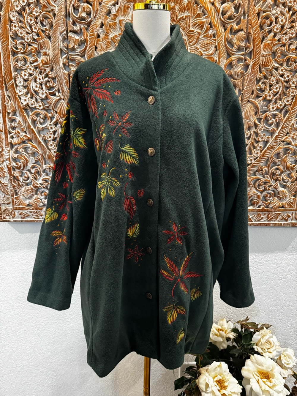 Bob Mackie Dark Green Fall Leaves Embroidered Fleece Button-Up Sweater Jacket 2X - Picture 2 of 14